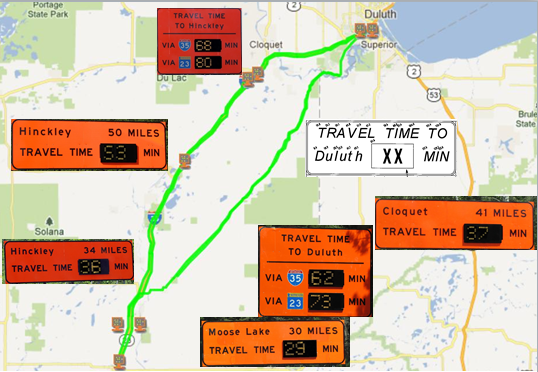 Satellite view of project area with inset photos of dynamic travel time signs relative to their positions throughout the work zone to advise drivers of travel time to various locations.