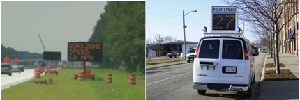 Image shows a road side dynamic message sign and a vehicle mounted dynamic message sign displaying passing vehicles' speed.