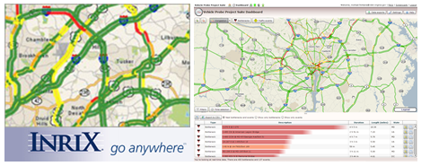 Inrix travel time maps, Inrix logo, and a bar graph showing how Inrix derives travel times from various sources