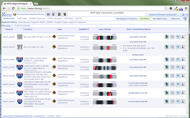 Screen shot of a RITIS transportation system status screen.