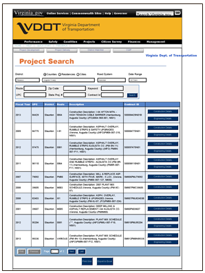 Screen shot of a VDVDOT project search screen for use in project performance management.