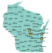 A map  highlighting the location of 4 recent work zone field studies: Milwaukee, Portage, Grafton, and Endeavor.