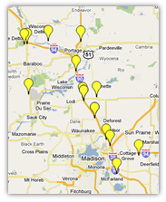 A map of the I-90/I-94 corridor in Wisconsin, between Madison and Portage.  The map shows locations of BlueTooth detector units.