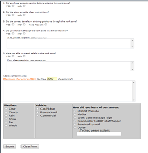 The second and final page of the online Missouri Department of Transportation Work Zone Customer Survey. 