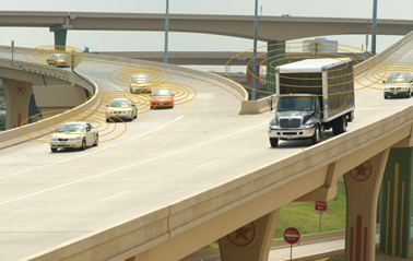 Modified photo shows merging vehicles overlaid with concentric circles indicating vehicle-to-vehicle and vehicle-to-infrastructure communications.