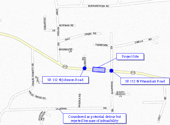 Figure 2. Project Location Map Showing SR 112 between Wasankari Road and Johnson Road. This figure contains a zoomed in map showing the SR 112 project site between Wasankari Road and Johnson Road. The map also shows Liljedahl Road, which was considered as a potential offsite detour.