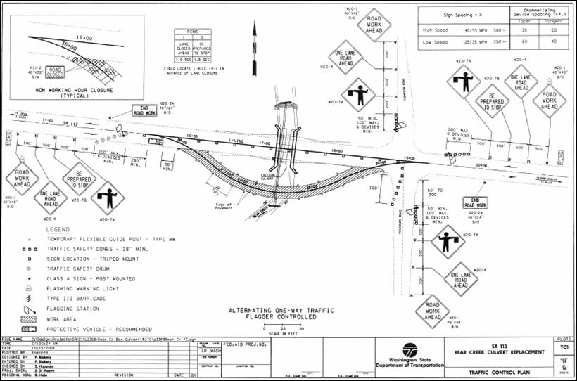 Figure 3. TTC Plan used for Flagging Operation During Work Hours. This figure contains a design drawing that depicts the Temporary Traffic Control (TTC) plan used for flagging operations during work hours. It shows the work zone, the onsite detour, and the layout of the flagging plan.