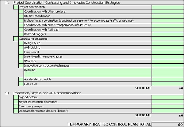 Section 1C - Project Coordination, Contracting and Innovative Construction Strategies, and Section 1D - Pedestrian, Bicycle, and ADA Accommodations