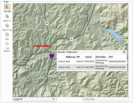 Screenshot of Oregon GIS map showing selection box for nearby highways with two highway numbers, milepoints, names, directions, and LRS