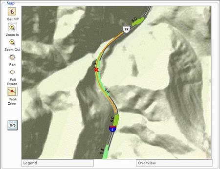 Enhanced Oregon highway map highlighting a portion of US 99 and I-5 with 4 to 5 percent vertical grades and 4 degree curves