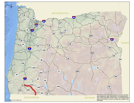 Oregon highway map showing interstates, U.S. highways, and state routes and highlighting US 199 south to California border