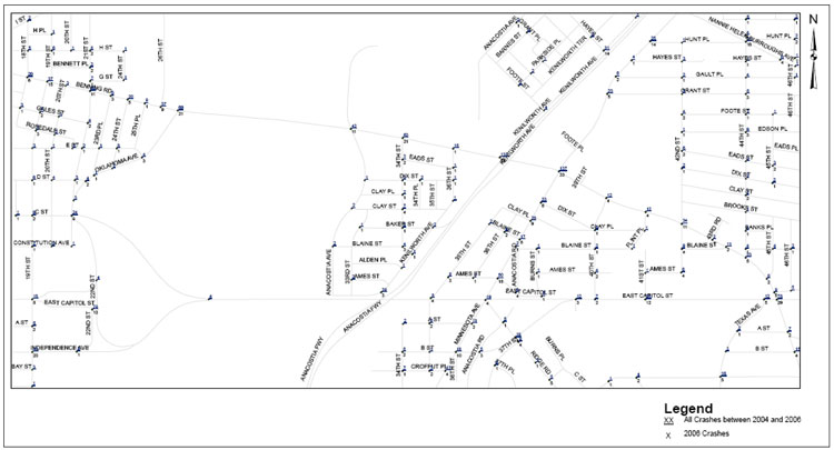 Map of the Benning Road area, with all crashes between 2004 and 2006 marked as well as all 2006 crashes