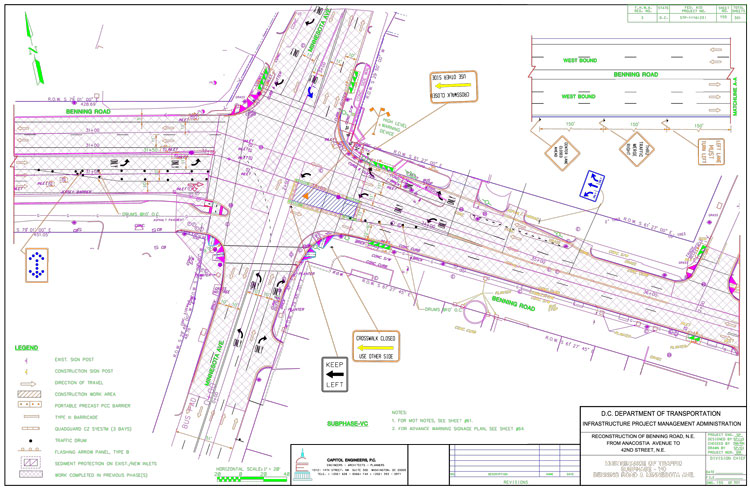 Construction drawing of reconstruction of Benning Road, N.E. from Anacostia Avenue to 42nd Street, N.E., showing construction measurements and placement of signs and other features.