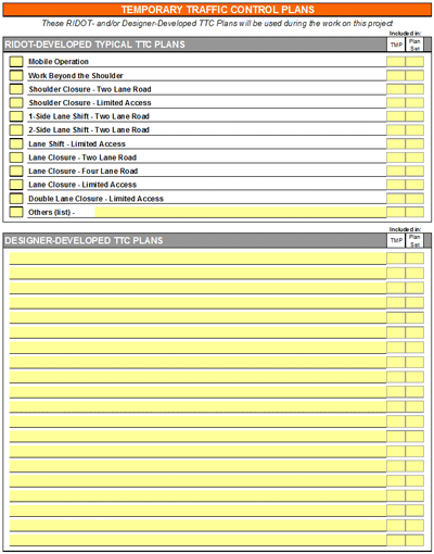 Rhode Island DOT temporary traffic control plans template, with areas for RIDOT-developed typical TTC plans and designer-developed TTC plans.