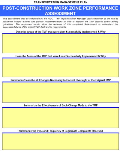 Rhode Island DOT post-construction work zone performance assessment template, with areas for most and least successful TMP areas and for oversight changes, effectiveness of changes, and complaints.