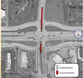 Satellite map of an interchange with the area of the planned work zone (to expand a median) highlighted in red.