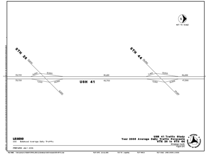 Diagram shows forecasted 2035 AADT for STH 26 to STH 44, as described in the preceding paragraph.