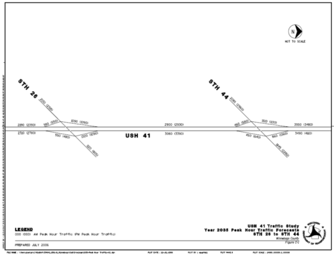 Diagram shows forecasted 2035 AADT for the AM and PM peak hours for STH 26 to STH 44, as described in the preceding paragraph.