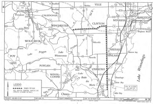 Map shows a signed detour route on highways 76 and 10 from Oshkosh to Clayton.