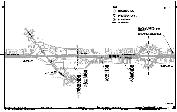 Map shows a detour on Koeller Street, with signals at the intersection with the CTH K Overpass set to flash mode.
