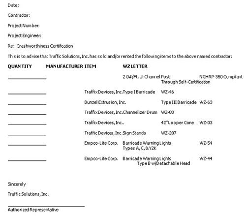 Sample of a crashworthiness letter from an equipment vendor to a contractor, listing the quantities, manufacturers, items, and associated work zone letter designations.