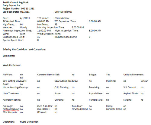 Sample of a traffic control diary or log book, listing the date, project number, site conditions, comments, and work performed. 