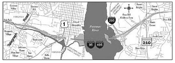 Map showing a detailed view of the I-495 and U.S. Route 1 interchange in Alexandria, Virginia