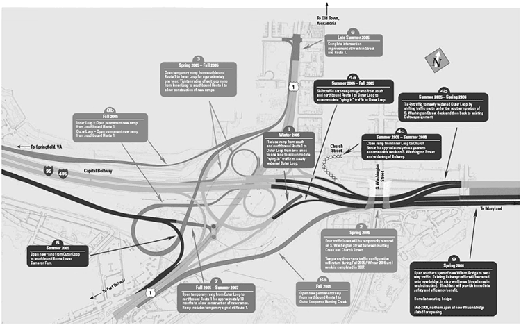 Map of I-495 and U.S. Route 1 interchange showing 12 areas of traffic impacts from winter 2005 to summer 2007