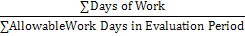 Sum of the number of days worked in the evaluation period divided by the number of allowable work days in the evaluation period.