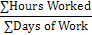 Sum of the total number of hours worked in the evaluation period divided by the number of days worked during the evaluation period.