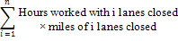 Sum of the number of hours worked with 1 lane closed, with two lanes closed, with 3 lanes closed, etc., divided by the sum of the lengths of lane closures each work period during the evaluation period.