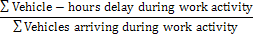 Sum of the vehicle-hours of delay that occurred during hours of work activity in the evaluation period, divided by the number of vehicles arriving to the work zone during those hours of work activity.