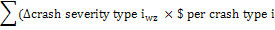 Sum of the change in frequency of crashes of a each particular severity type, multiplied by the estimated cost of each type of crash.
