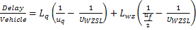 The delay per vehicle is equal to the length of the traffic queue multiplied by the difference between the inverse of the average speed in queue and the inverse of the work zone speed limit, plus the length of the work zone multiplied by the difference between the inverse of the free-flow speed of traffic divided by two and inverse of the work zone speed limit.