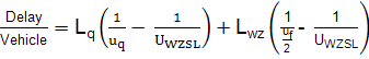 The delay per vehicle is equal to the length of the traffic queue multiplied by the difference between the inverse of the average speed in queue and the inverse of the work zone speed limit, plus the length of the work zone multiplied by the difference between the inverse of the free-flow speed of traffic divided by two and inverse of the work zone speed limit.