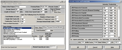 Screenshots - Figure 5 shows a sample screenshot from the Colorado Work Zone Road User Costs program with input screens and a second screenshot of the productivity rates for various highway construciton activities and the corresponding lane capacity adjustment values.