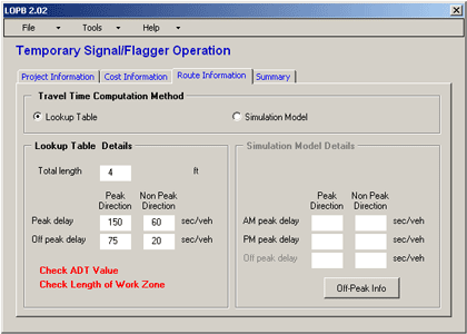 Screenshot - Figure 6 shows a sample screenshot from the Maryland Loss of Public Benefit tool, showing work zone flagger operation inputs.