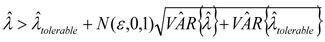 The expression lambda begin accent hat end accent is greater than the expression lambda begin accent hat end accent plus operator N open parenthesis epsilon, 0, 1 close parenthesis begin square root expression VA begin accent hat end accent R open brace lambda begin accent hat end accent close brace plus operator VA begin accent hat end accent R open brace lambda begin accent hat end accent begin subscript tolerable end subscript close brace end square root expression.