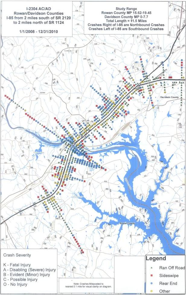 A graphical representation of crash data on the I-85 corridor. Data was collected for a 3-year period from January 1, 2008 to December 31, 2010.