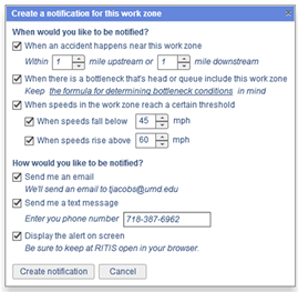 Screenshot of a prototype WZPM application with options for creating custom alerts.