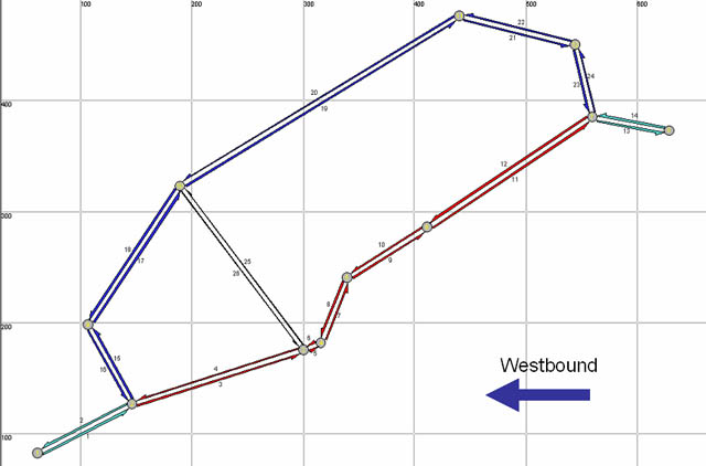 A diagram of the QuickZone network for the I-640 detour, showing a southwest to northeast closed loop