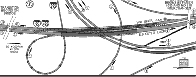 Map showing multiple interstates and intersections affected by the Woodrow Wilson Bridge replacement project.