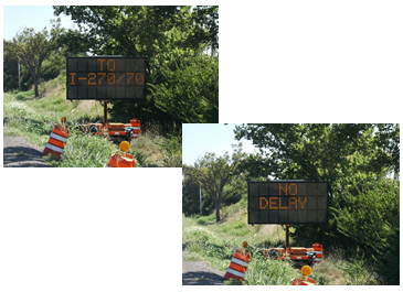 Message board flashing the message 'I-270/70' and 'no delay.'