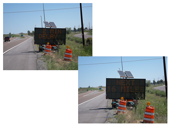 Messsage board flashing the message '2 mile delay' and 'next 16 miles.'