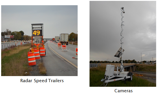 Two photos, one of a radar speed trailer and the other of a trailer-mounted camera.