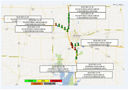 Map of a project area depicting the location and display messages on deployed dynamic message boards.