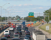 An interstate with congested conditions on the approach to a work zone.