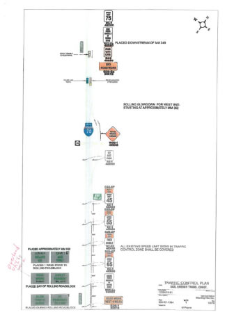 Traffic control plan and map of I-70.  Speed limits and control approaches used at certain points are identified such as rolling slowdown.