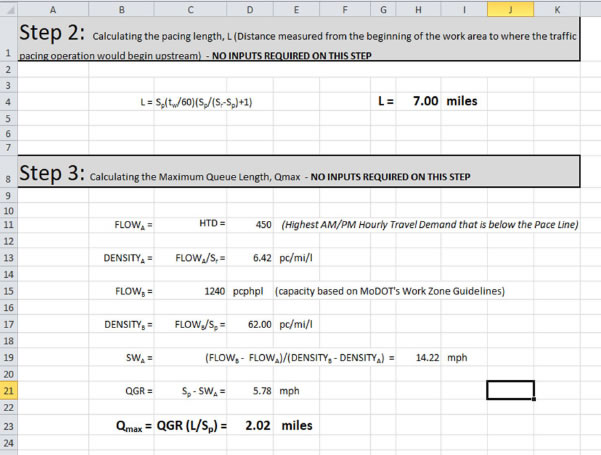 Second sheet of worksheet that tracks steps 2 and 3.  Step two calculates pacing length, how long is your pacing going to be for the project.  While step 3 is calculating the max queue line that you are going to have as backup when you are slowing the traffic.