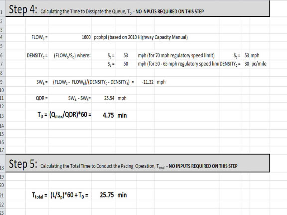 The next spreadsheet with steps 4 and 5.  4 calculates how long it takes to dissipate that queue built up in step 3.  Step 5 is the total time for the whole pacing operation.